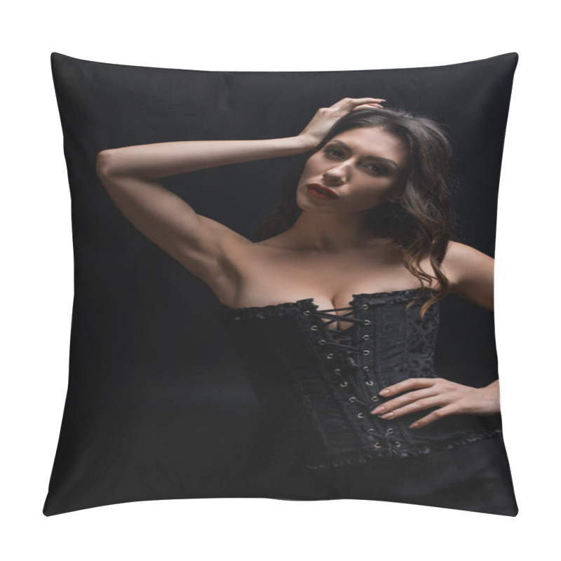 Personality  Sexy Woman In Black Corset Looking At Camera Isolated On Black Pillow Covers