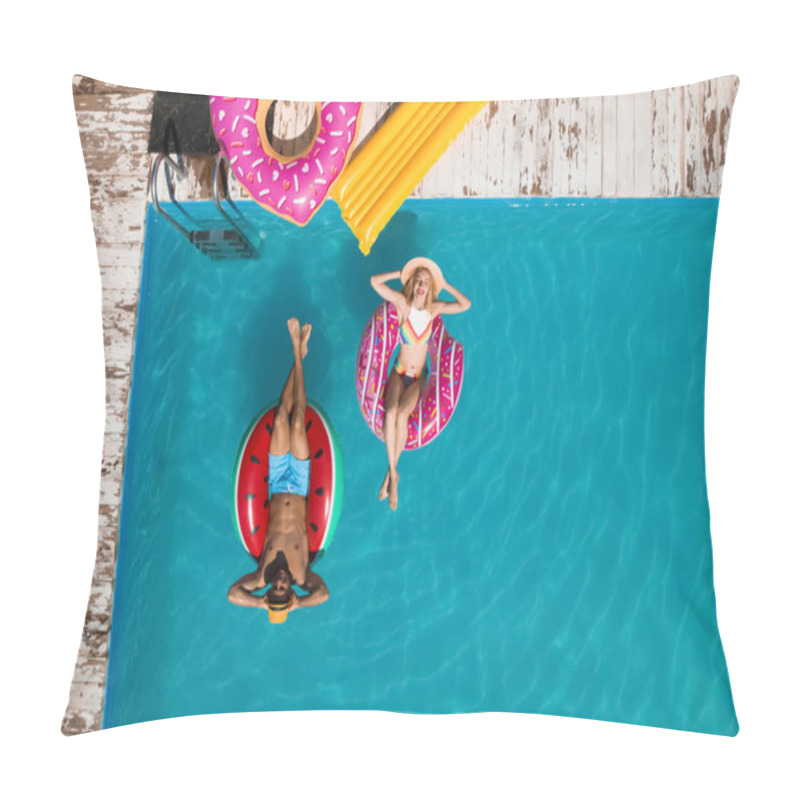 Personality  Happy Couple With Inflatable Rings In Swimming Pool, Top View. Summer Vacation Pillow Covers