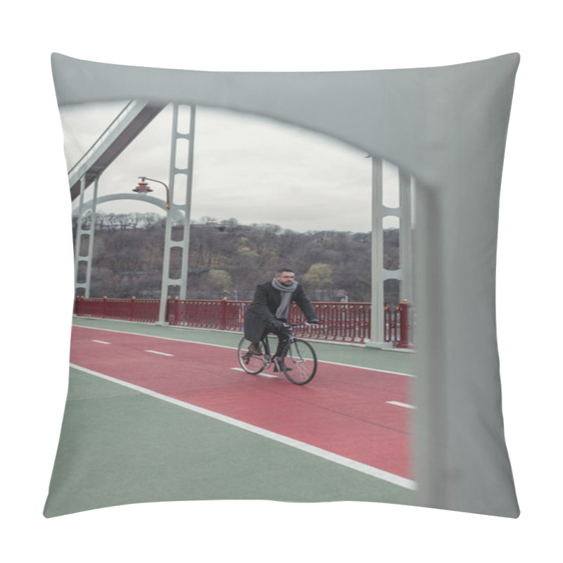 Personality  Lonely Adult Man Riding Bicycle On Pedestrian Bridge Pillow Covers