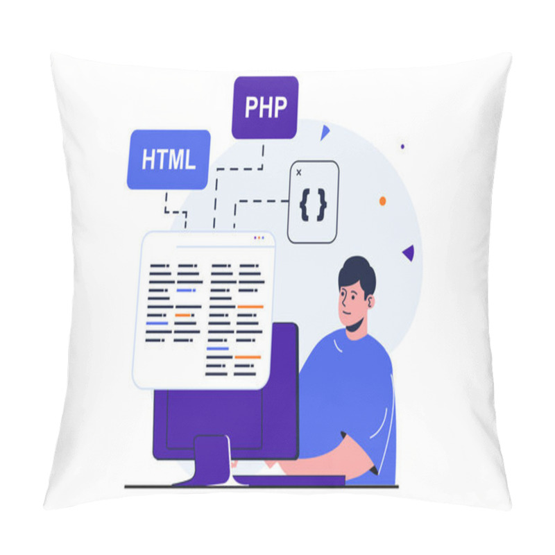 Personality  Programmer Working Modern Flat Concept For Web Banner Design. Man Programs Code In Html And Php, Tests And Finds Creative Solutions, Creating Software. Illustration With Isolated People Scene Pillow Covers