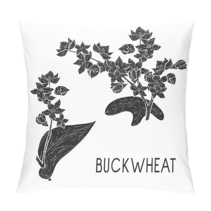 Personality  Buckwheat. Plant. Flowers, Leaves, Stem. Black Silhouette On White Background. Pillow Covers