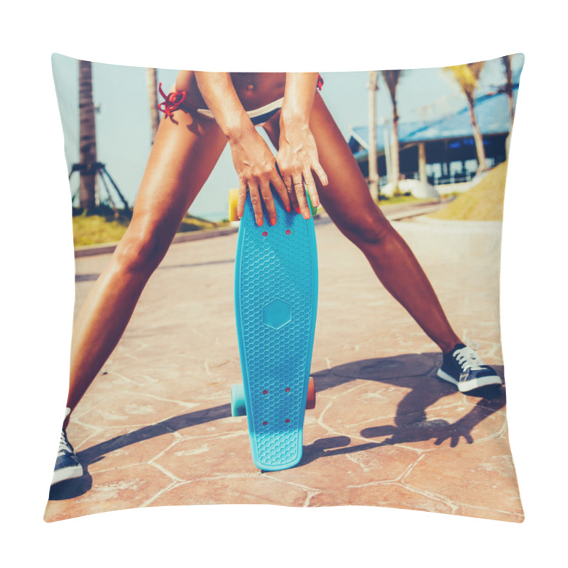 Personality  Sexy Suntanned Lady Staying With Blue Penny Board On The Streat Pillow Covers