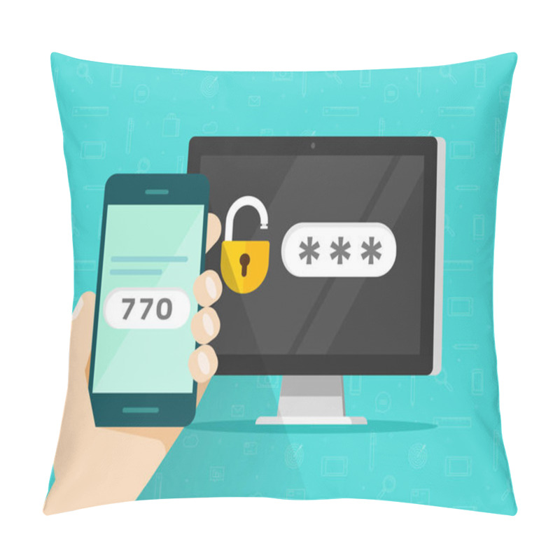 Personality  Two Step Authentication On Smartphone Vector Illustration, Flat Cartoon Cellphone And Computer Safety Login Or Signin, Two Steps Verification Via Mobile Phone And Pc Clipart Pillow Covers