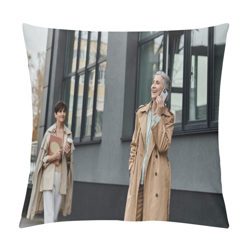 Personality  Two Women, Mature Beautiful Lesbian Couple, Walk Down The Street Talking On Their Cell Phones. Pillow Covers