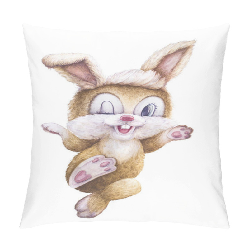 Personality  Watercolor Animal. Happy Rabbit Smiling. Bunny Who Winks. Kids Personage. Newborn Art Gift. Print Quality. White Background. Illustration For Children. Pillow Covers