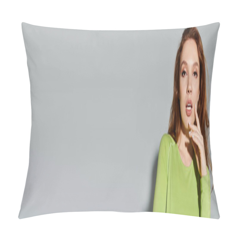 Personality  A Red Haired Woman Poses Elegantly In A Striking Outfit, Exuding Confidence. Pillow Covers