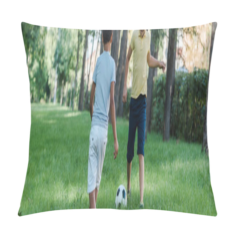 Personality  Panoramic Shot Of Cute Multicultural Boys Playing Football On Green Grass  Pillow Covers