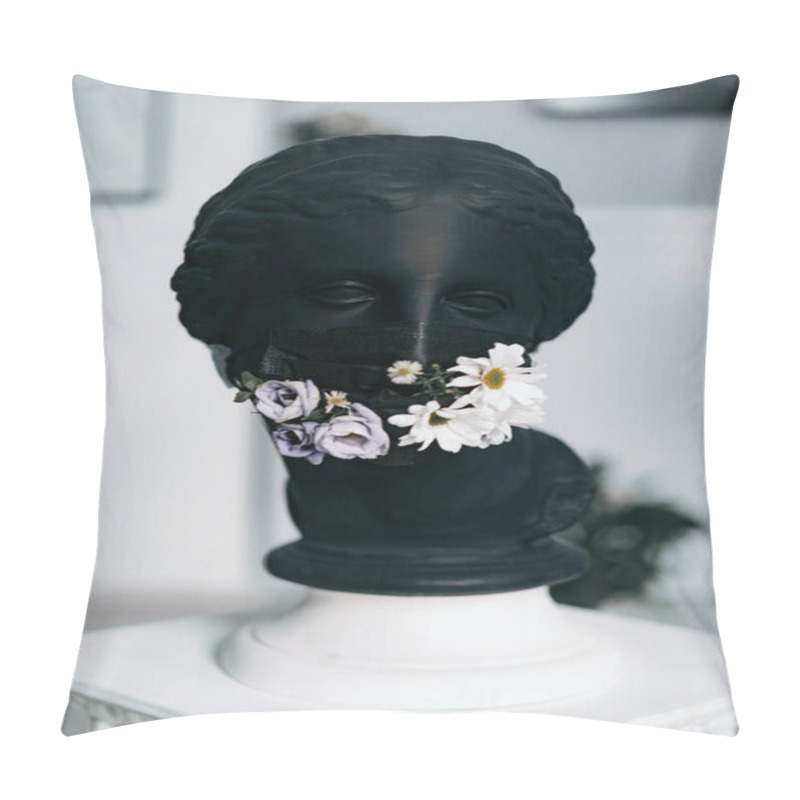 Personality  Black Plaster Sculpture Of A Woman's Head In A Black Medical Mask With Fresh Flowers Pillow Covers