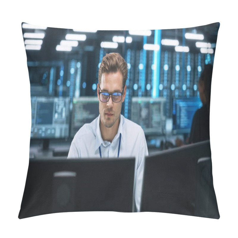 Personality  Focused System Administrator Or Consultant Look At The Screen And Saves Backup Data In Dark Evening Room Workplace Station Indoors. Network Technologies Concept Pillow Covers