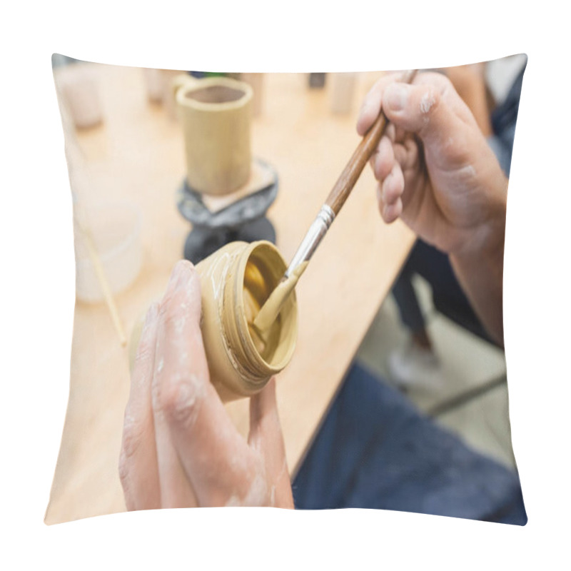 Personality  Cropped View Of Man Holding Paintbrush And Paint In Pottery Studio  Pillow Covers