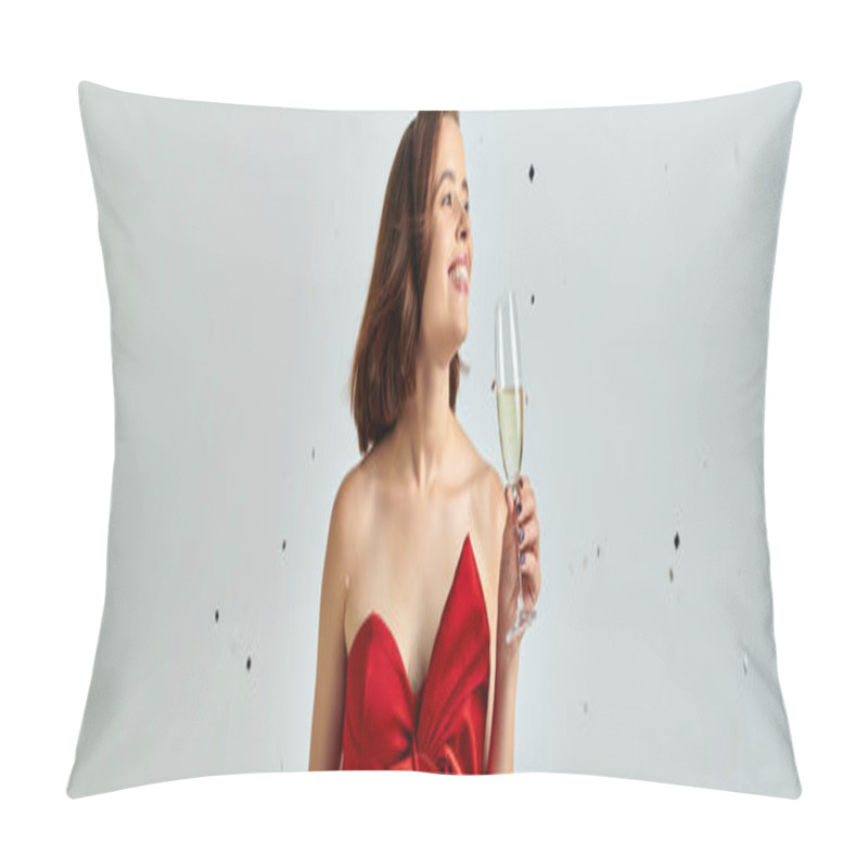 Personality  New Year Banner, Cheerful Woman In Party Attire Holding Glass Of Champagne Near Confetti On Grey Pillow Covers