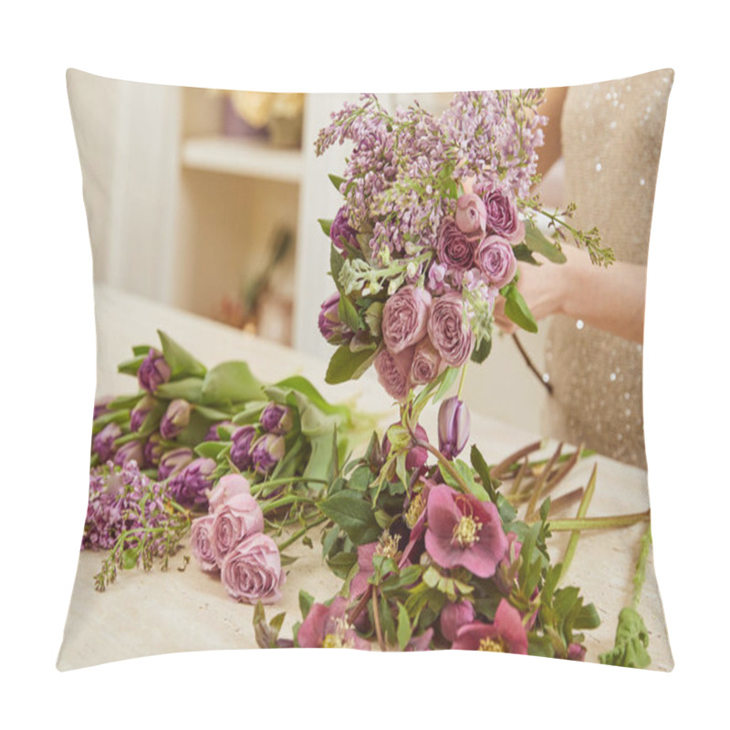 Personality  Selective Focus Of Florist Making Bouquet Of Tulips, Peonies And Lilac Pillow Covers