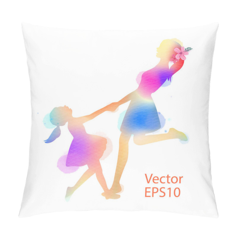 Personality  Happy Mother's Day. Side View Of Happy Mom With A Girl Dancing Together Silhouette Plus Abstract Watercolor Painted.Double Exposure Illustration. Digital Art Painting. Vector Illustration. Pillow Covers