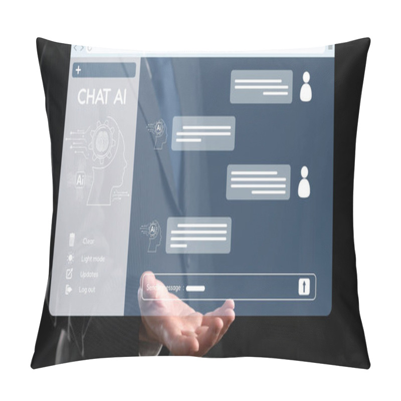 Personality  Human Interact With AI Artificial Intelligence Virtual Assistant Chatbot In Concept Of AI Artificial Intelligence Prompt Engineering, LLM AI Deep Learning To Use Generative AI For Work Support. EIDE Pillow Covers