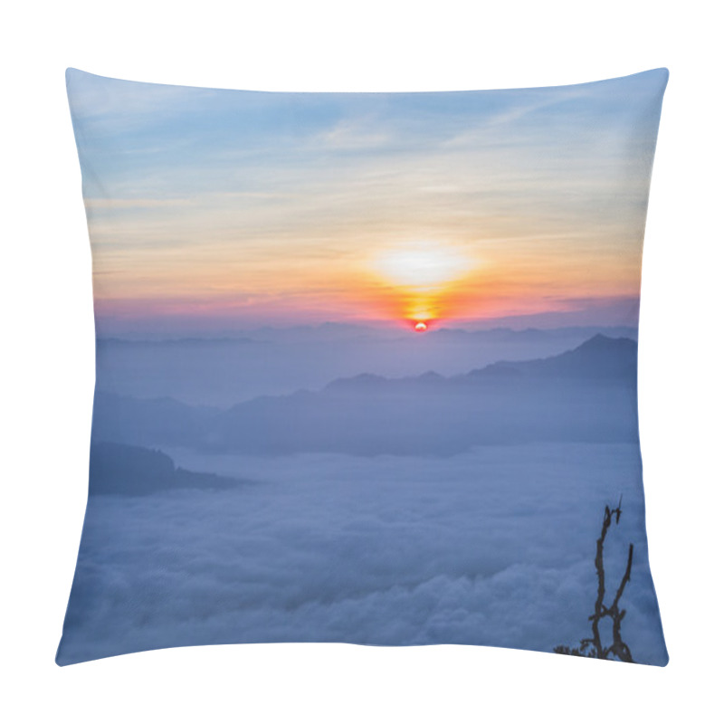 Personality  Sunrise Behind Mountains With Mist Pillow Covers