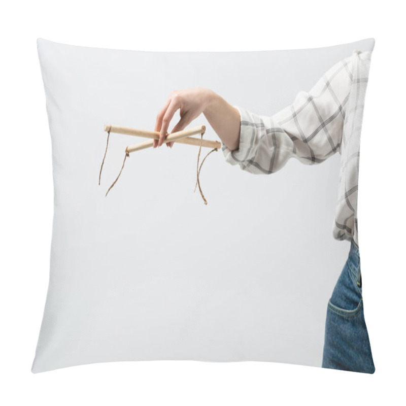 Personality  Cropped View Of Female Puppeteer Isolated On Grey Pillow Covers