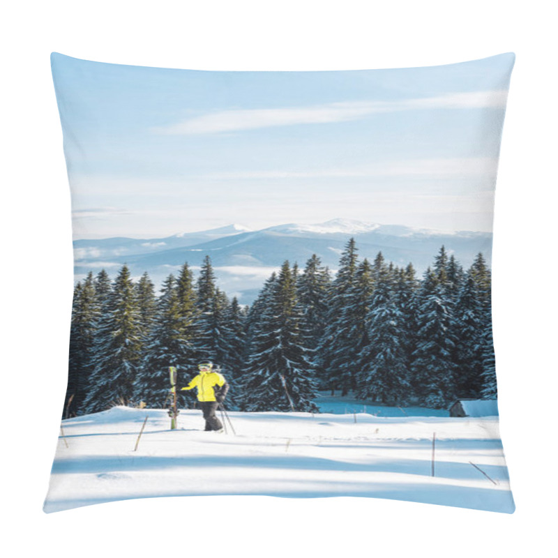 Personality  Skier Holding Ski Sticks And Standing On Snow Near Pines  Pillow Covers