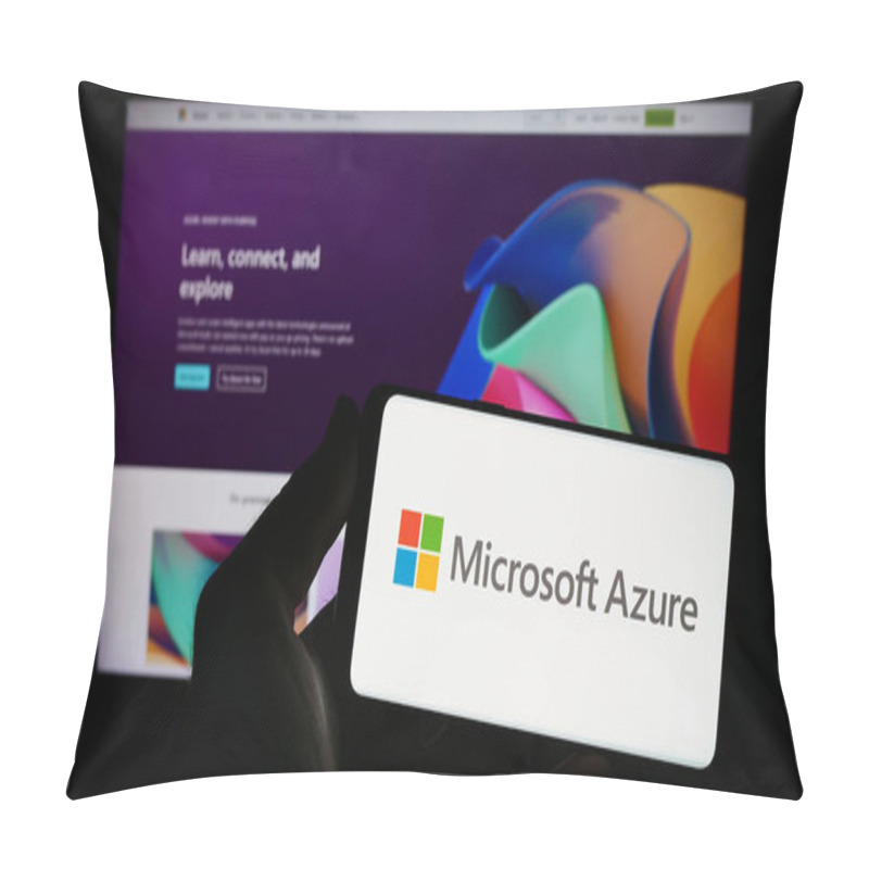 Personality  Stuttgart, Germany - 07-11-2023: Person Holding Smartphone With Logo Of Cloud Computing Platform Microsoft Azure On Screen In Front Of Website. Focus On Phone Display. Pillow Covers