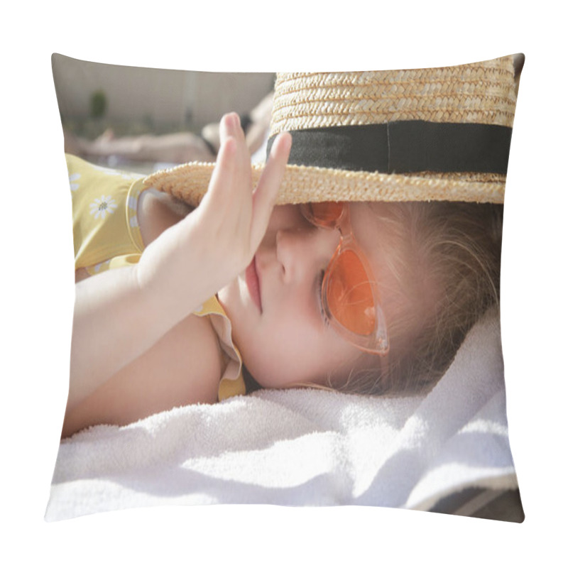 Personality  Adorable Toddler Girl Laying On Sun Bed And Hiding From Sun Under Straw Hat. Happy Summer Time Childhood Concept. Pillow Covers