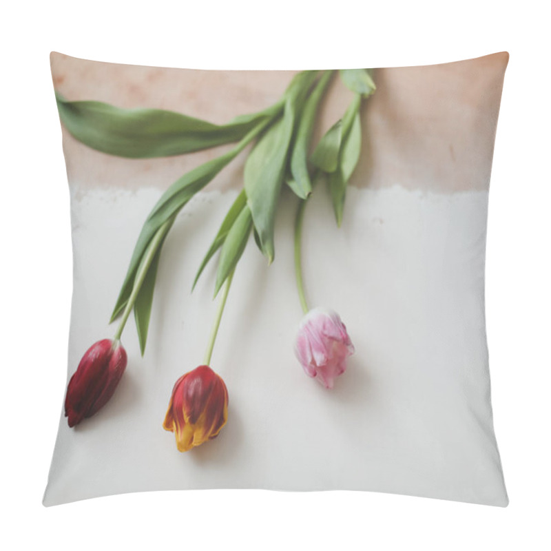 Personality  Tulips Flowers On A Wooden Rustic Table. Spring Holidays Concept. Greeting Card. Pillow Covers