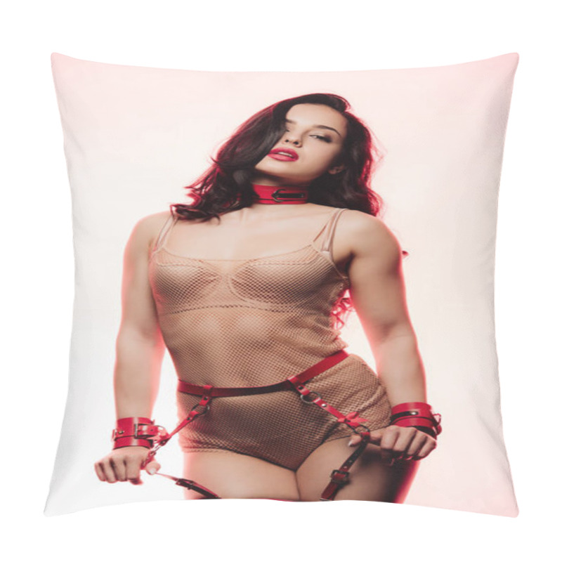 Personality  Sexy Young Woman In Beige Lingerie, Red Collar Touching Swordbelt On Light Background Pillow Covers