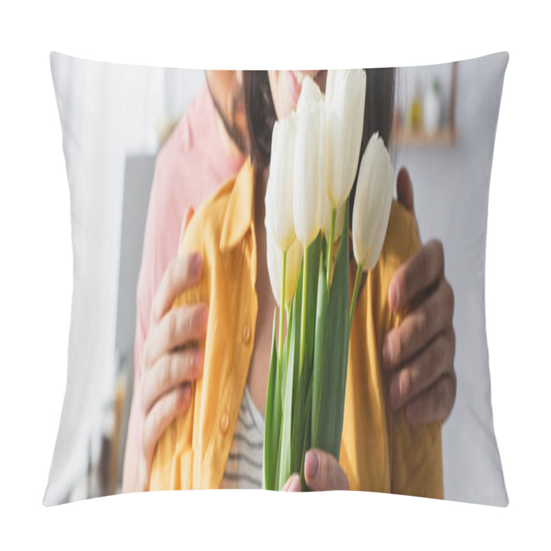 Personality  Partial View Of Young Man Hugging Girlfriend With Bouquet Of Flowers In Kitchen, Banner Pillow Covers