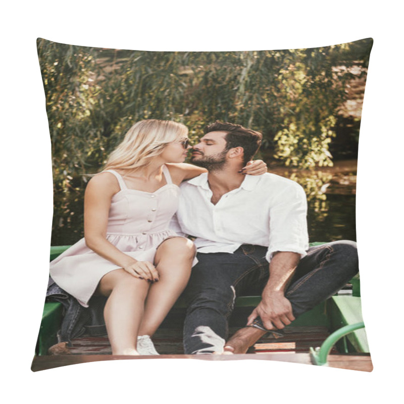 Personality  Happy Young Couple Kissing While Sitting In Boat On Lake Pillow Covers