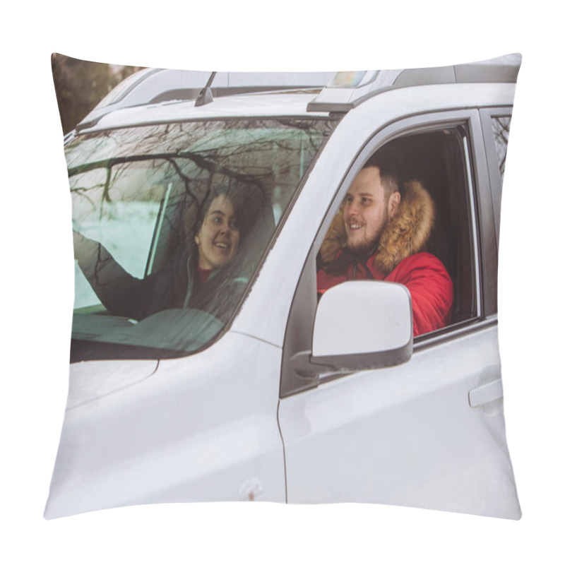 Personality  Man And Woman Inside Car In Winter Clothes. Road Trip Pillow Covers