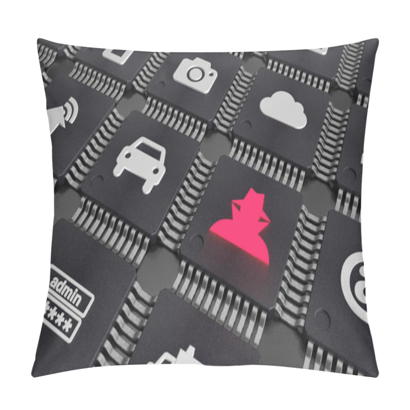 Personality  Grid Of Black Cpus Witch Different Iot Symbols In White Pillow Covers