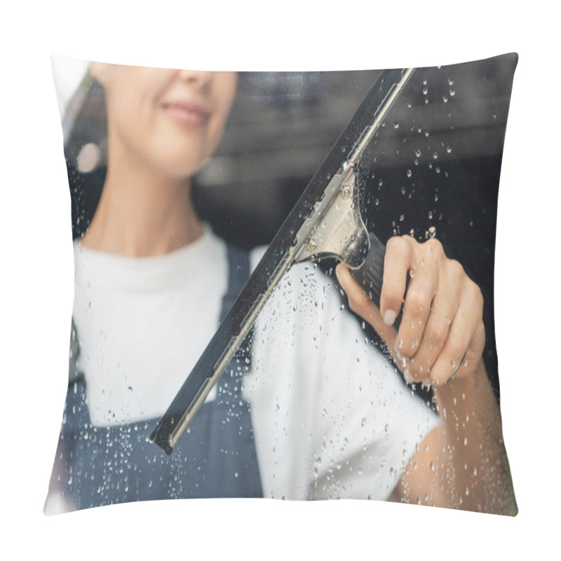 Personality  Partial View Of Blurred Woman Washing Glass With Window Squeegee Pillow Covers