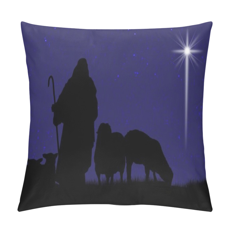 Personality  Silhouette Of Shepherd And Sheep With A Bright Star In The Sky Pillow Covers