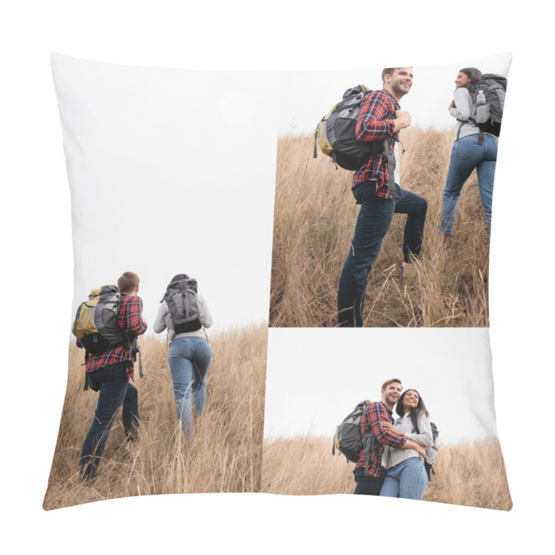 Personality  Collage Of Smiling Multiethnic Couple Walking With Backpacks On Grassy Hill  Pillow Covers