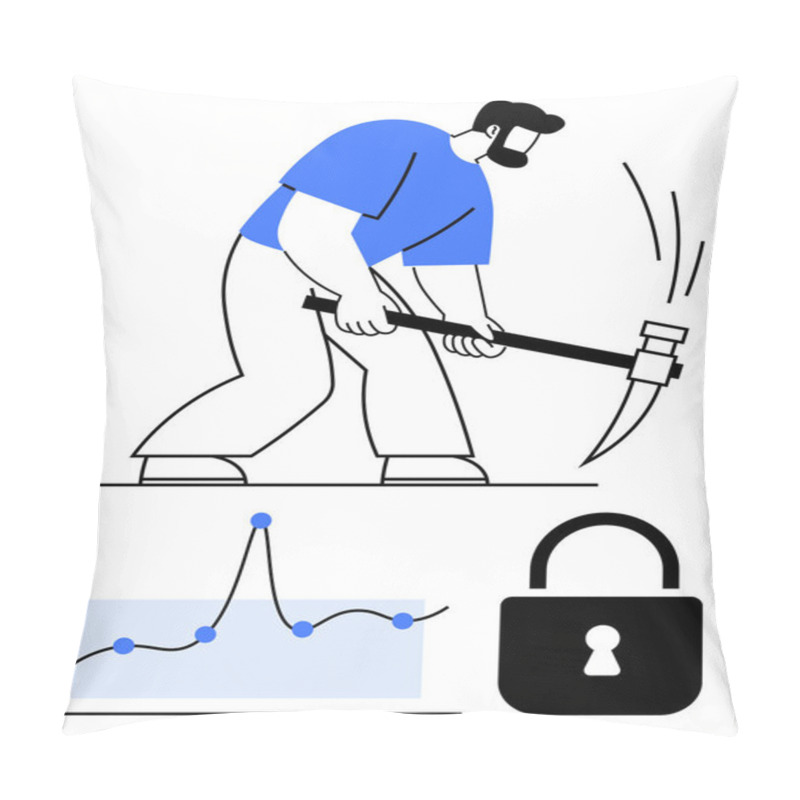 Personality  Worker Breaking Data Barriers Analytics Graph Lock Symbolizes Cybersecurity. Ideal For Tech, Security, Data Analysis, Mining, Protection, Growth, Innovation. Line Metaphor Pillow Covers