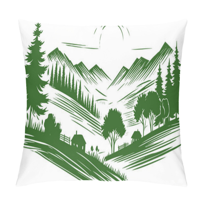 Personality  Illustration Of Natural Landscape With Mountains Forest And Rising Sun Silhouette Drawing Pillow Covers