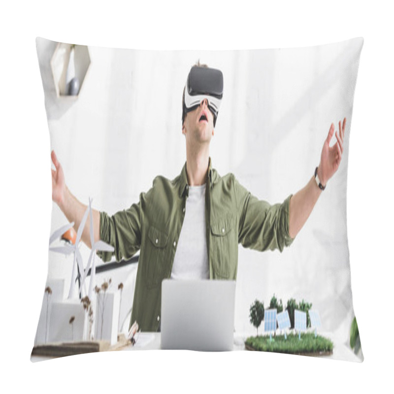 Personality  Panoramic Shot Of Architect In Reality Headset At Table With Laptop And Windmills, Buildings, Solar Panels Models In Office Pillow Covers