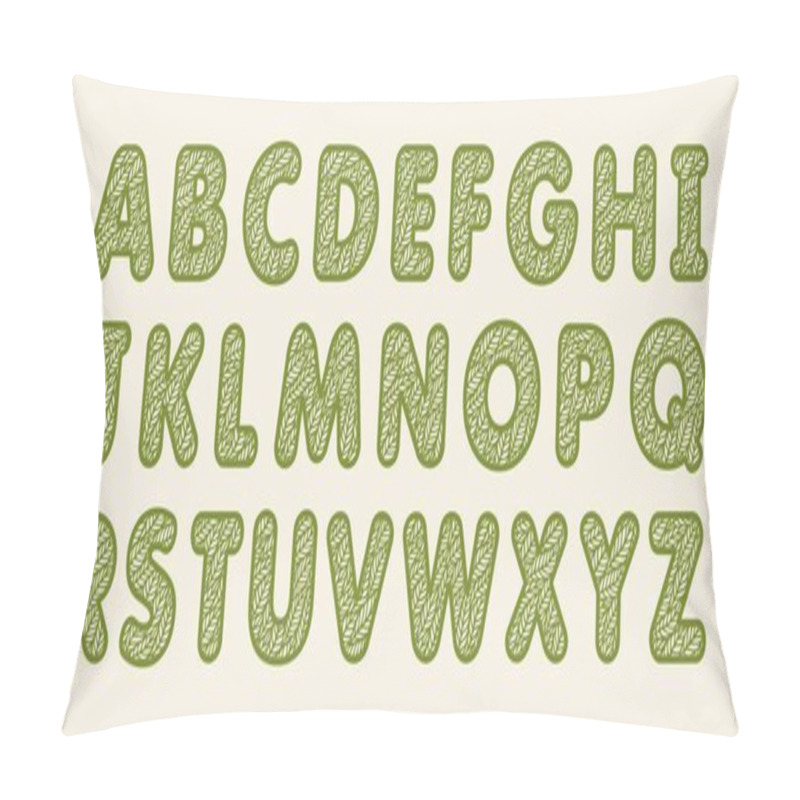 Personality  Alphabet Letters With A Pattern Of Leaves. Plants Theme. Openwork Botanical Logo, Sign, Icon For Natural, Eco Products. Summer Or Spring Font. Green Objects On A Beige Background. Vector Illustration. Pillow Covers