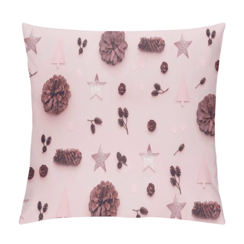 Personality  Christmas Composition. Pattern Made Of Christmas Pine Cones, Shiny Stars And Xmas Trees On Pastel Pink Background. Flat Lay, Top View. Pillow Covers