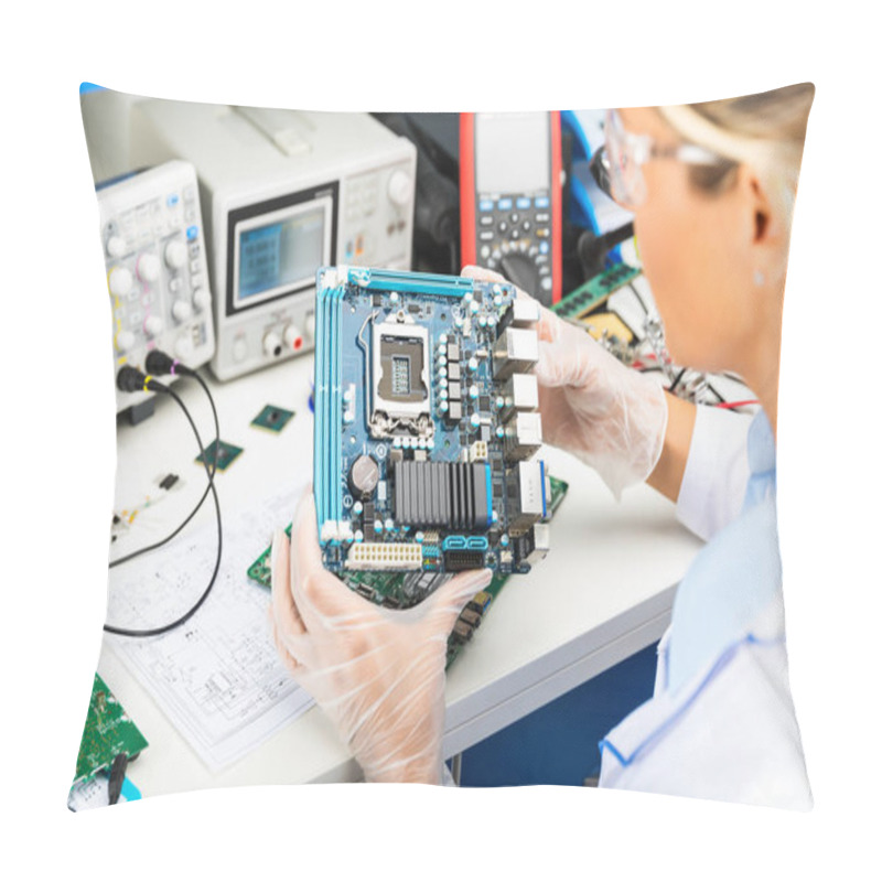 Personality  Female Electronic Engineer Examining Computer Motherboard In Lab Pillow Covers