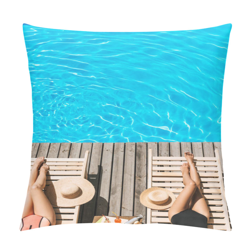 Personality  Cropped Shot Of Young Women In Swimwear Resting On Chaise Lounges Near Swimming Pool Pillow Covers