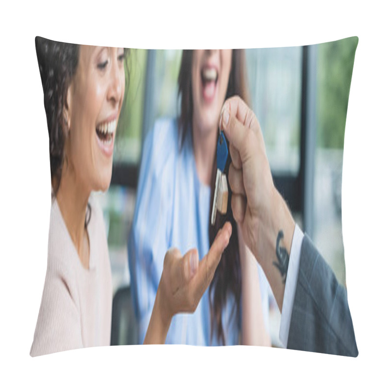 Personality  Happy African American Woman Taking Key From Real Estate Broker Near Blurred Lesbian Girlfriend, Banner Pillow Covers