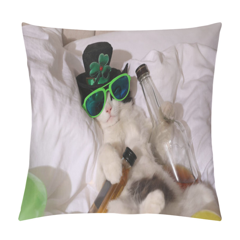 Personality  Cute Cat Wearing Leprechaun Hat And Sunglasses With Bottles Of Whiskey On Bed. After Party Hangover Pillow Covers