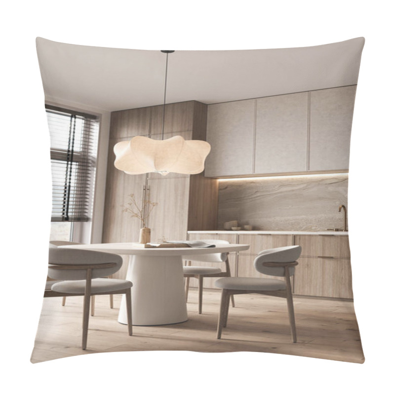 Personality  Modern Kitchen Design, Wooden Textures, Artistic Pendant Light, And Marble Accents. 3d Rendering. High Quality 3d Illustration. Pillow Covers