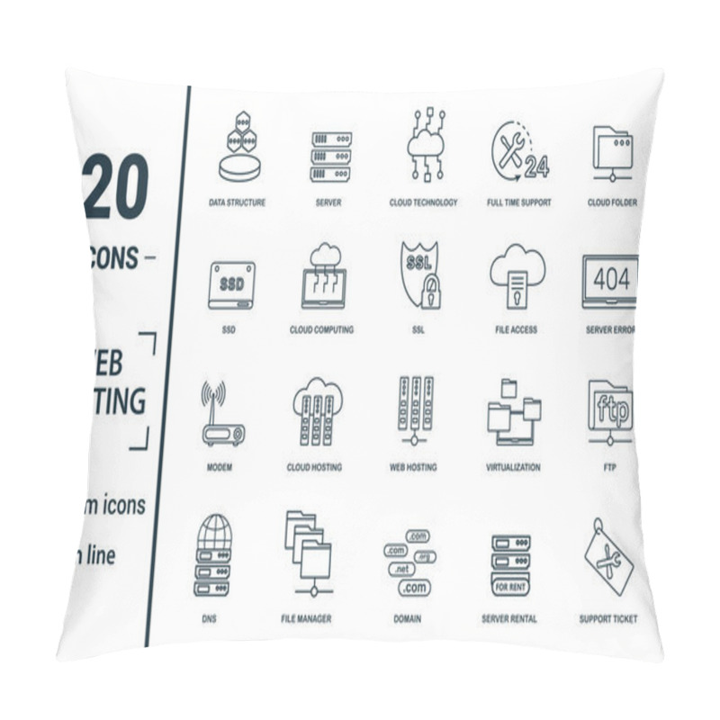 Personality  Web Hosting Icon Set. Include Creative Elements Data Structure, Cloud Technology, Ssd, File Access, Modem Icons. Can Be Used For Report, Presentation, Diagram, Web Design Pillow Covers