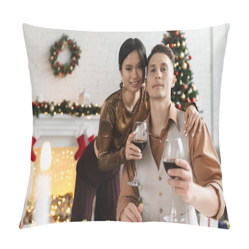 Personality  Cheerful Asian Woman Holding Glass Of Wine And Hugging Husband Near Festive Christmas Dinner  Pillow Covers