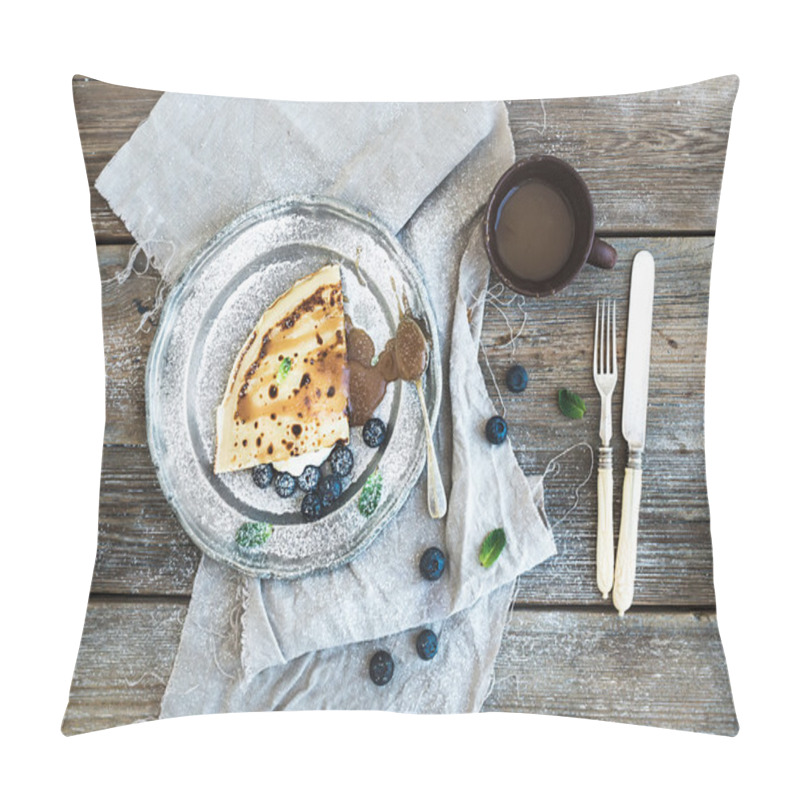 Personality  Thin Pancake Or Crepe With Fresh Blueberry, Cream, Mint, And Salty Caramel Sauce In Vintage Metal Plate Over Rustic Wooden Backdrop Pillow Covers