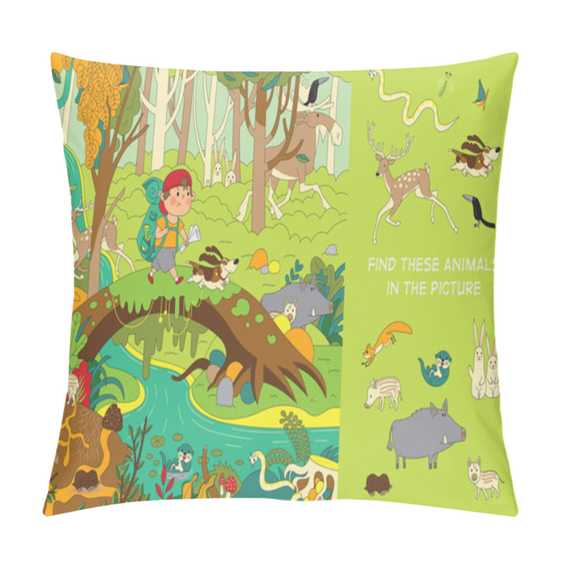 Personality  A Boy With A Devoted Dog Travel Through The Forest. Find The Animals In The Picture. Hidden Object Puzzle. Vector Illustration.Print Pillow Covers