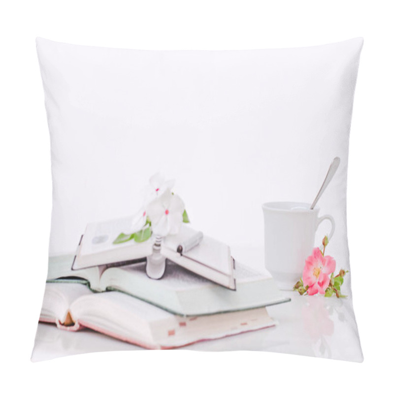 Personality  Open Book With Flowers And Coffee In The Morning. Pillow Covers