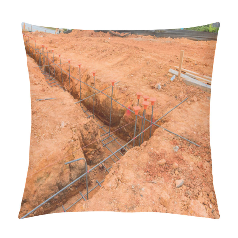 Personality  Building A House Foundation By Laying Steel In A Trench On Construction Site Pillow Covers