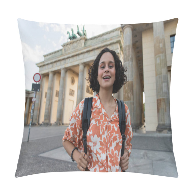 Personality  Cheerful Tourist With Backpack Standing Near Brandenburg Gate In Berlin  Pillow Covers