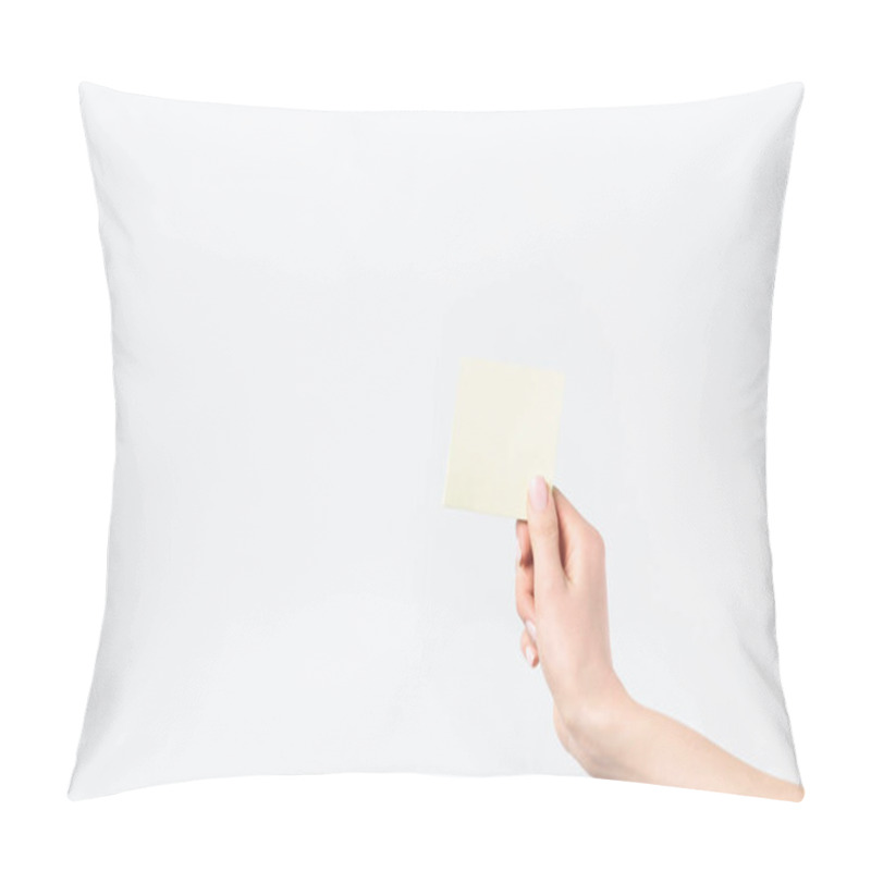 Personality  Cropped Shot Of Woman Holding Blank Sticky Note In Hand Isolated N White Pillow Covers